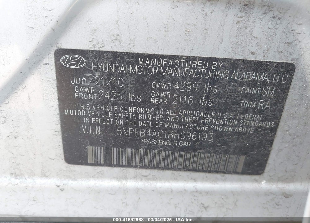2011 HYUNDAI SONATA GLS VIN: 5NPEB4AC1BH096193