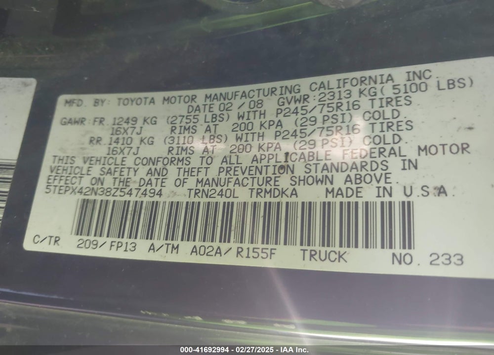 2008 TOYOTA TACOMA VIN: 5TEPX42N38Z547494