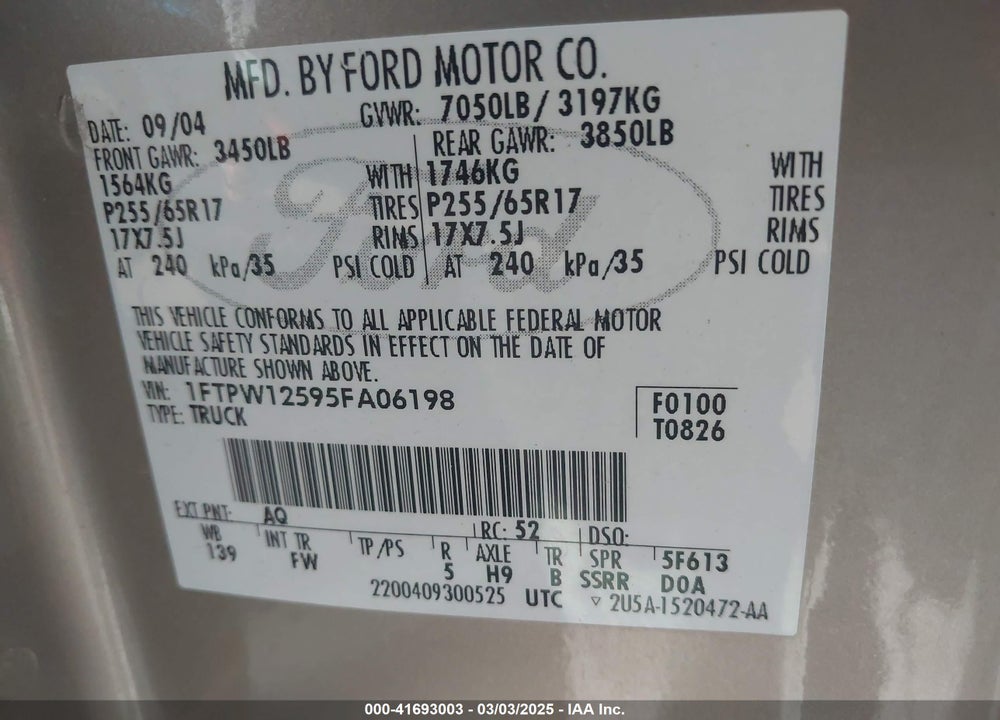 2005 FORD F-150 VIN: 1FTPW12595FA06198