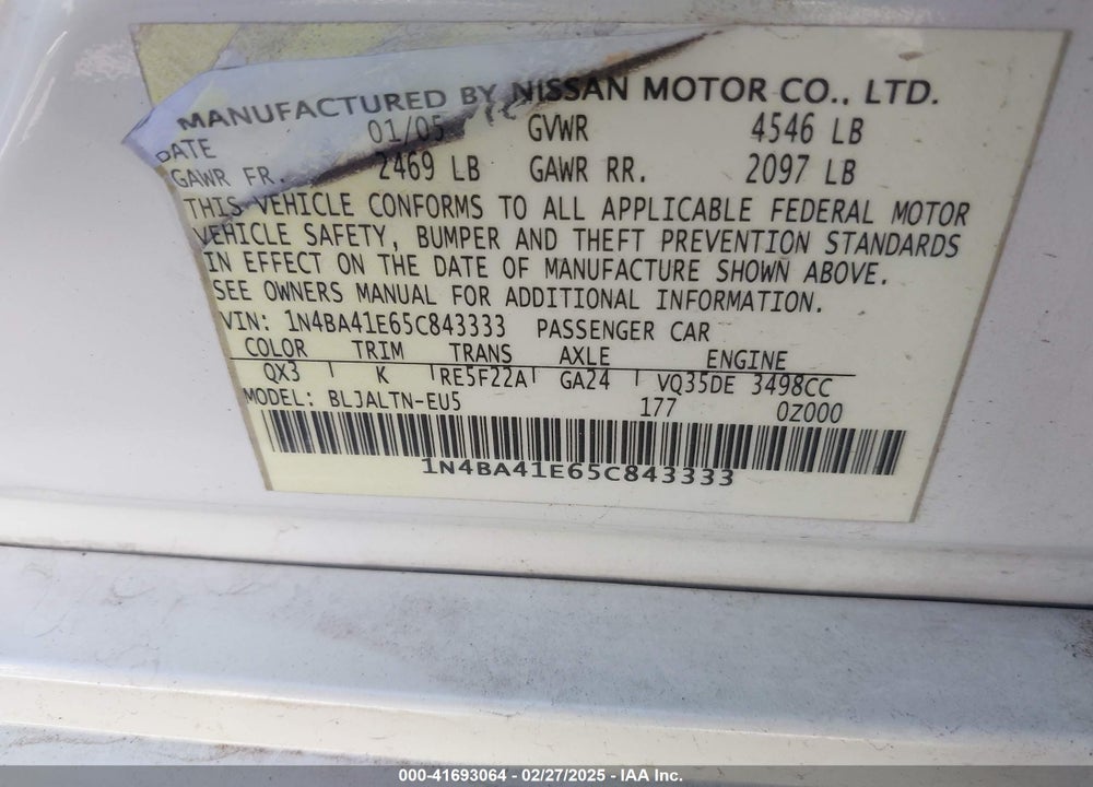 2005 NISSAN MAXIMA 3.5 SE VIN: 1N4BA41E65C843333