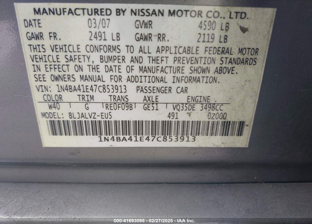 2007 NISSAN MAXIMA 3.5 SE VIN: 1N4BA41E47C853913