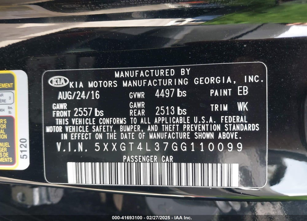 2016 KIA OPTIMA VIN: 5XXGT4L37GG110099