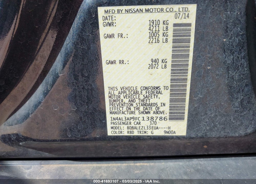 2015 NISSAN ALTIMA VIN: 1N4AL3AP9FC138786