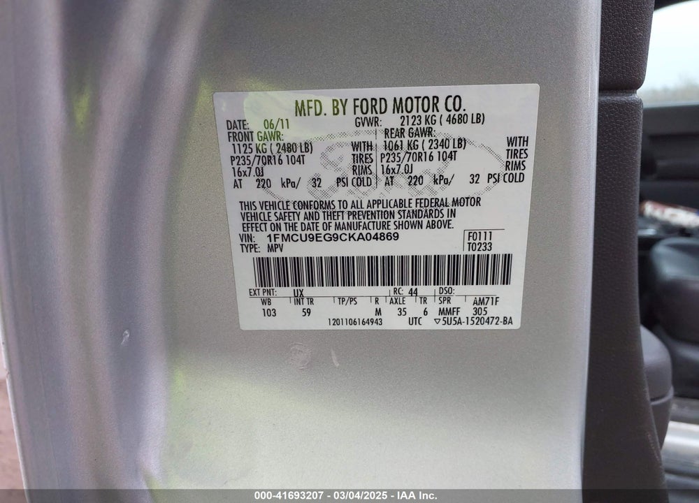 2012 FORD ESCAPE LIMITED VIN: 1FMCU9EG9CKA04869