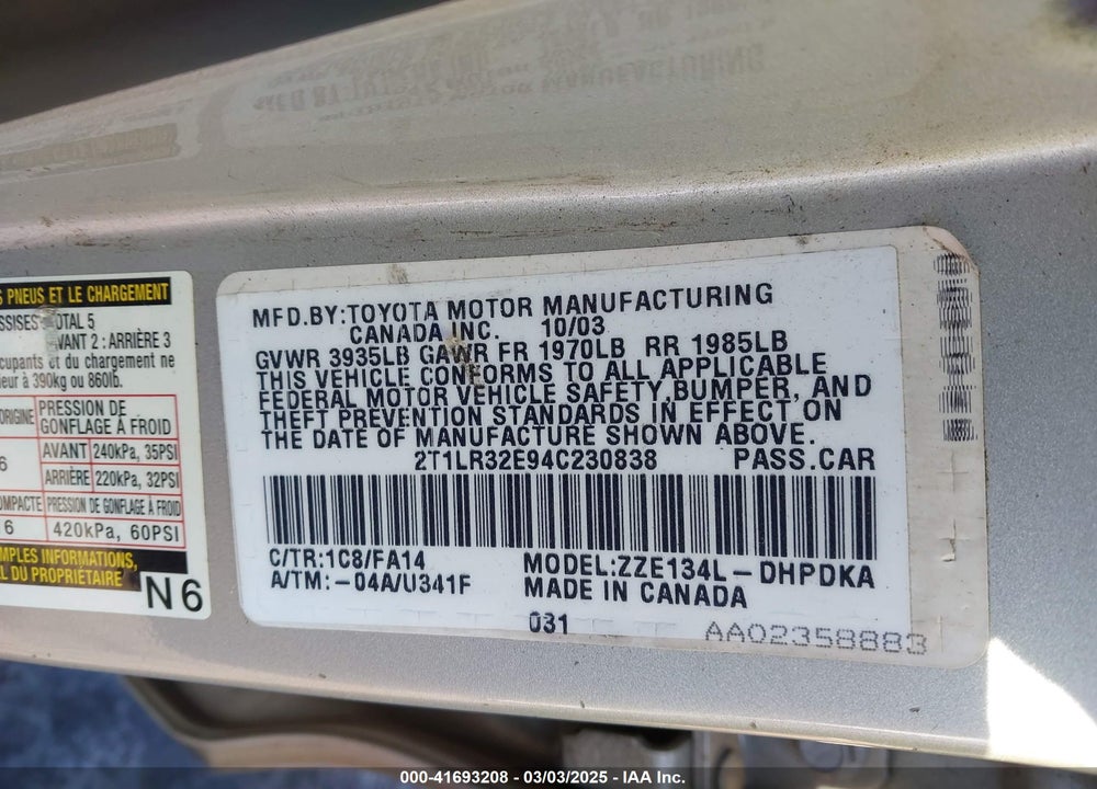 2004 TOYOTA MATRIX STANDARD VIN: 2T1LR32E94C230838