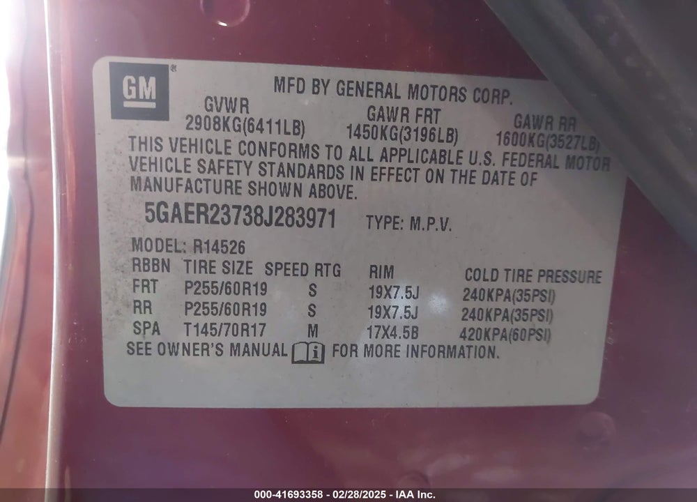 2008 BUICK ENCLAVE CXL VIN: 5GAER23738J283971