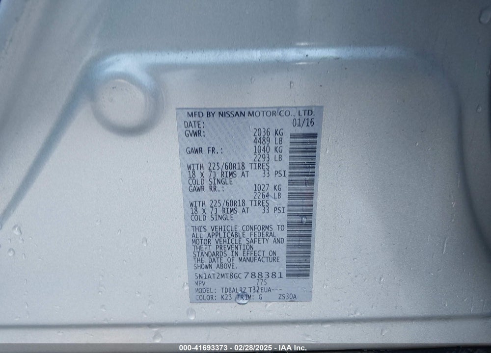 2016 NISSAN ROGUE VIN: 5N1AT2MT8GC788381