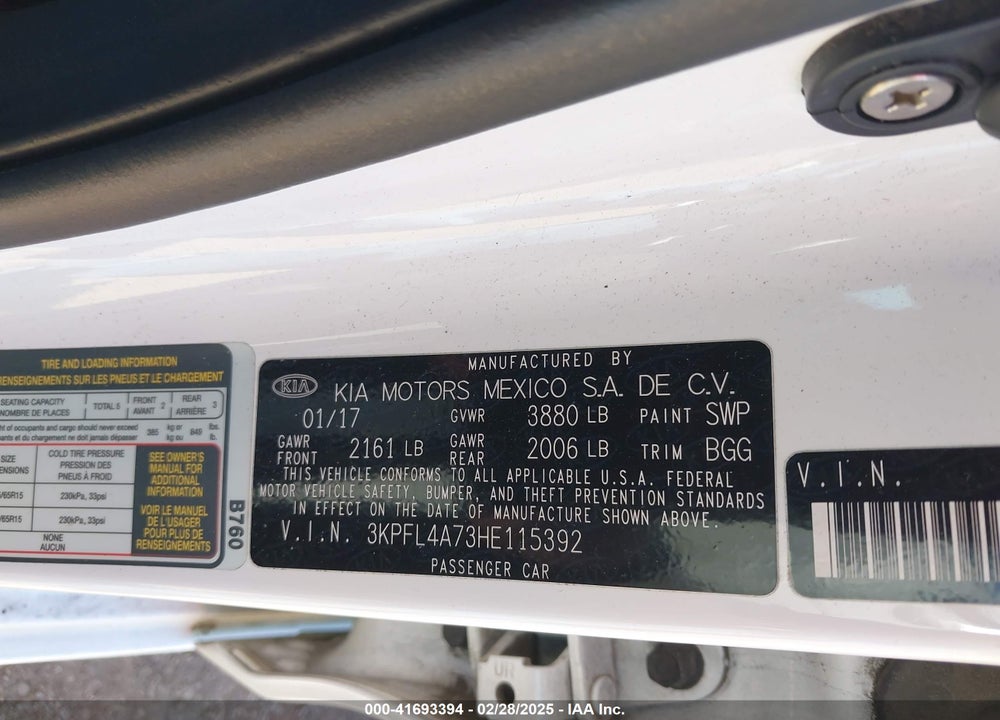 2017 KIA FORTE VIN: 3KPFL4A73HE115392