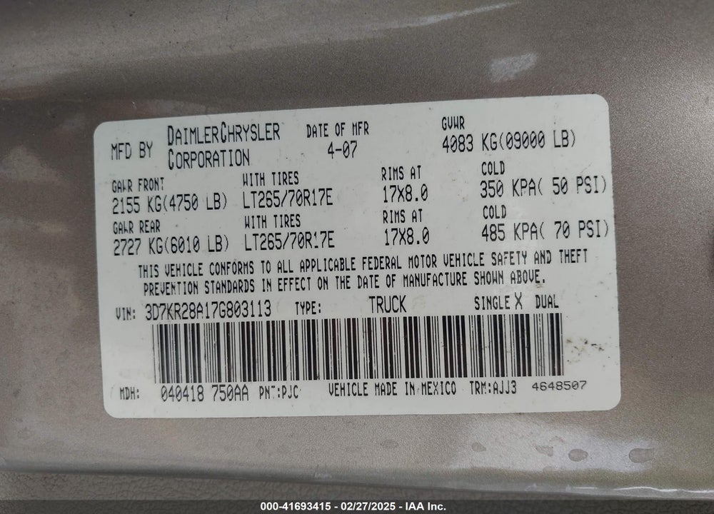 2007 DODGE RAM 2500 SLT/SPORT VIN: 3D7KR28A17G803113