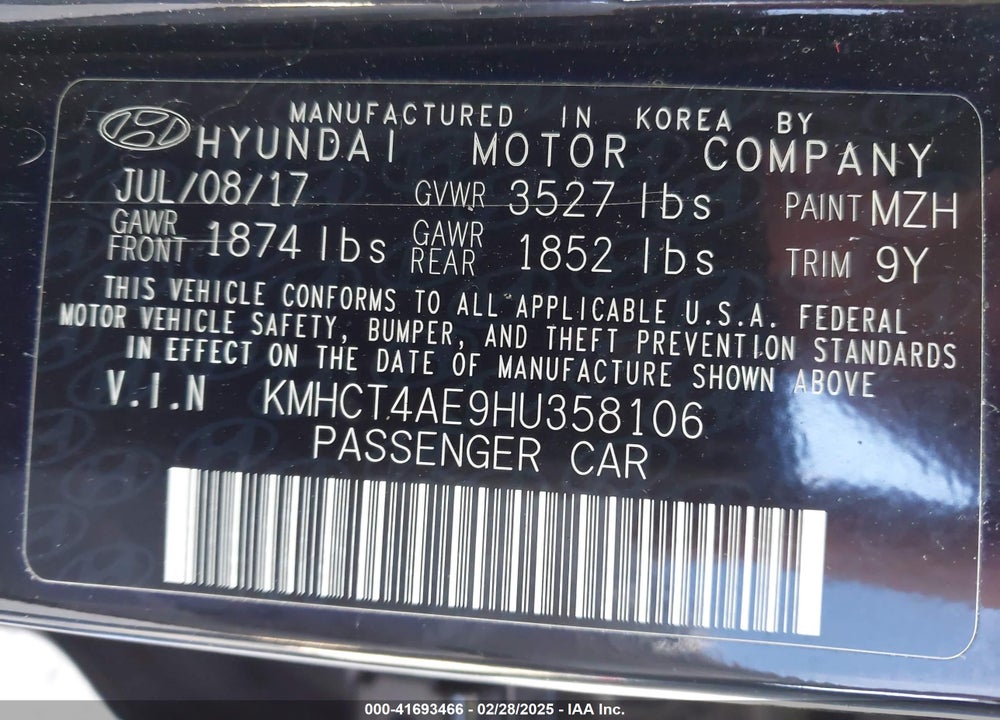 2017 HYUNDAI ACCENT VIN: KMHCT4AE9HU358106