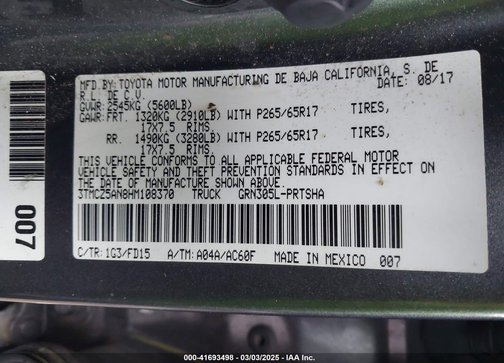 2017 TOYOTA TACOMA VIN: 3TMCZ5AN8HM108370