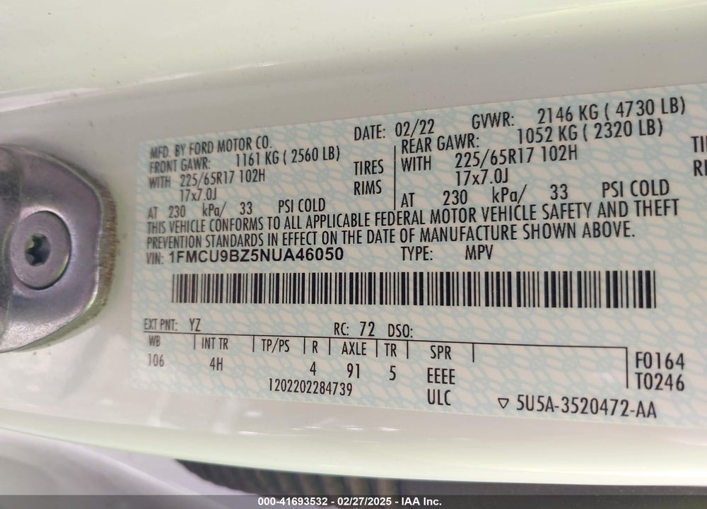 2022 FORD ESCAPE SE HYBRID VIN: 1FMCU9BZ5NUA46050