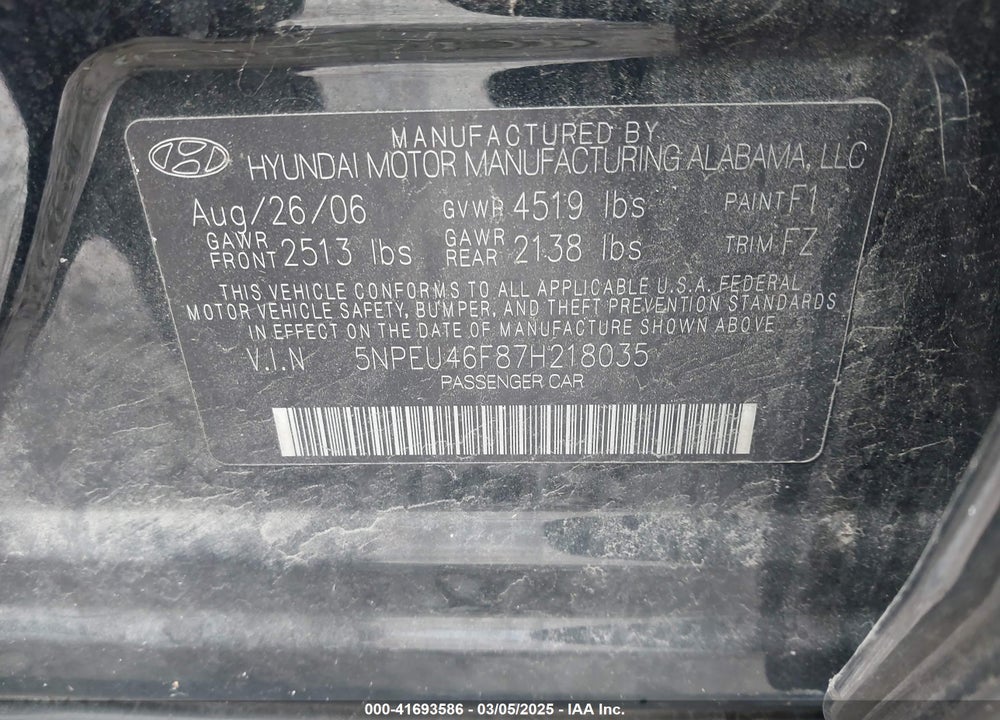 2007 HYUNDAI SONATA VIN: 5NPEU46F87H218035
