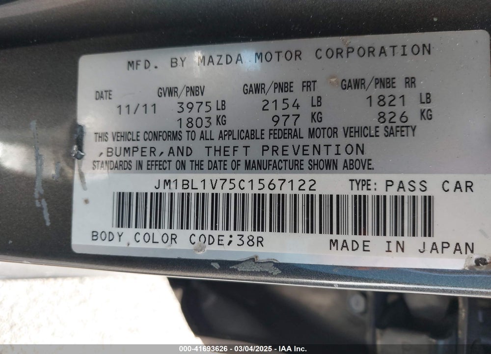 2012 MAZDA MAZDA3 VIN: JM1BL1V75C1567122