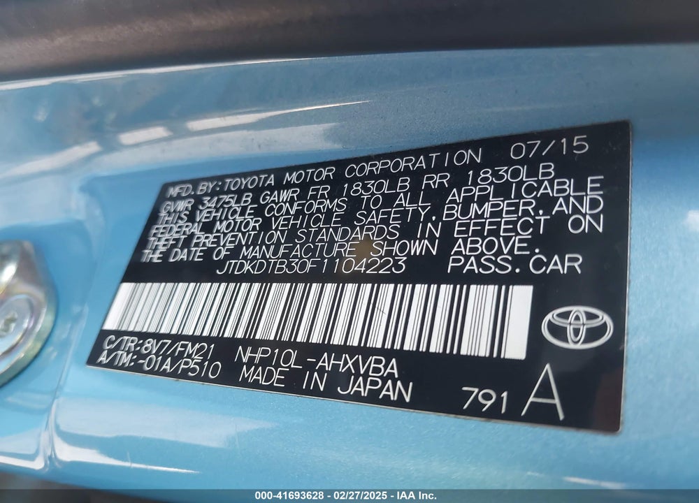 2015 TOYOTA PRIUS C TWO VIN: JTDKDTB30F1104223