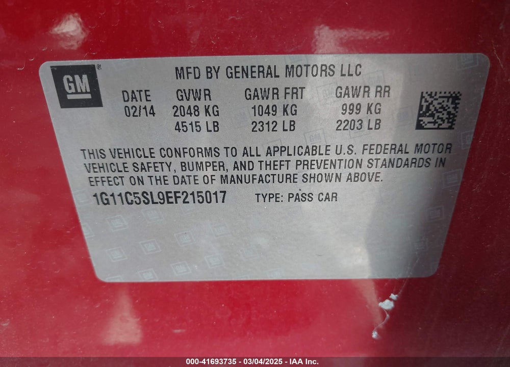 2014 CHEVROLET MALIBU VIN: 1G11C5SL9EF215017