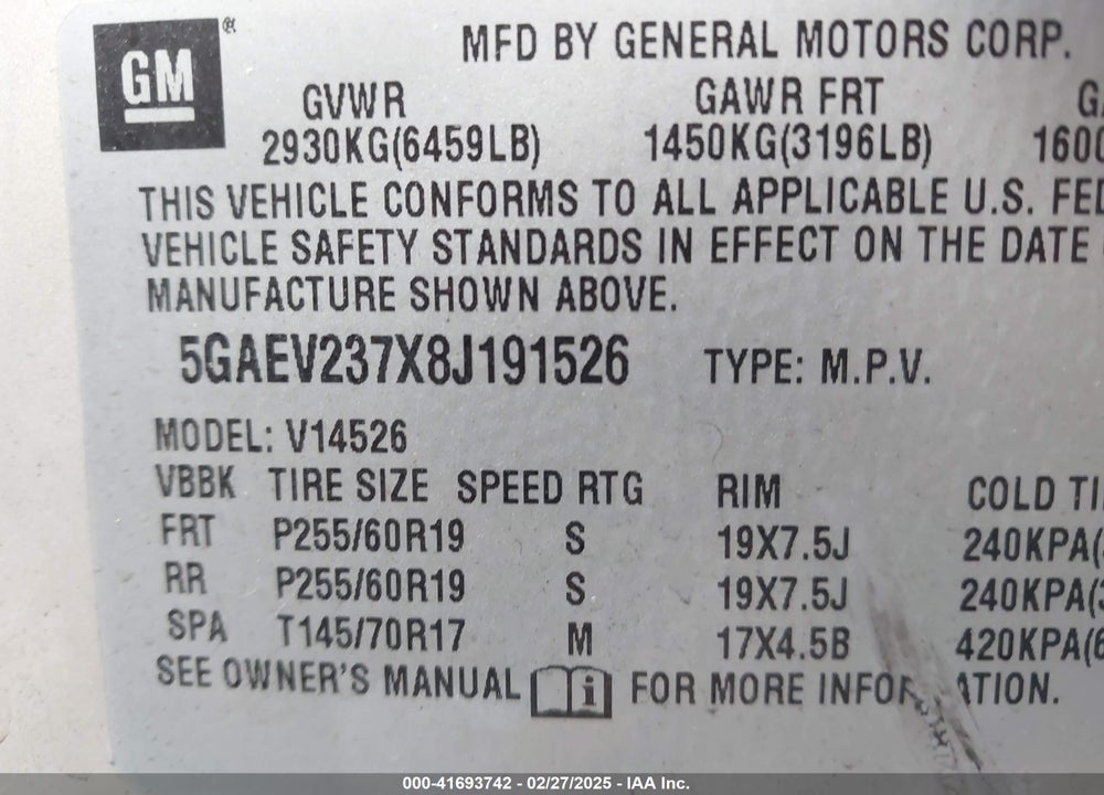 2008 BUICK ENCLAVE CXL VIN: 5GAEV237X8J191526