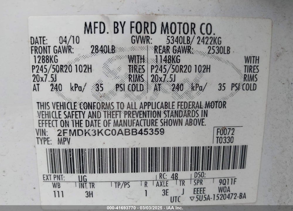 2010 FORD EDGE VIN: 2FMDK3KC0ABB45359