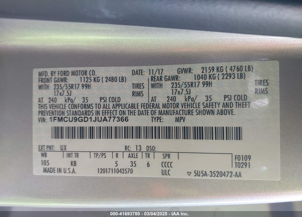 2018 FORD ESCAPE VIN: 1FMCU9GD1JUA77366