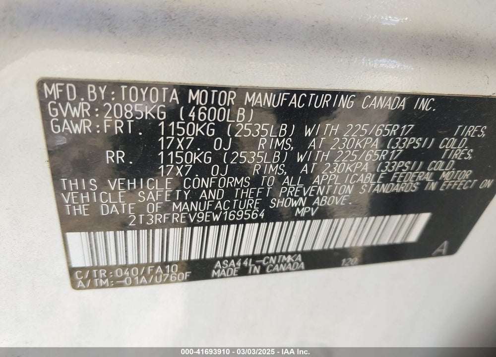 2014 TOYOTA RAV4 XLE VIN: 2T3RFREV9EW169564