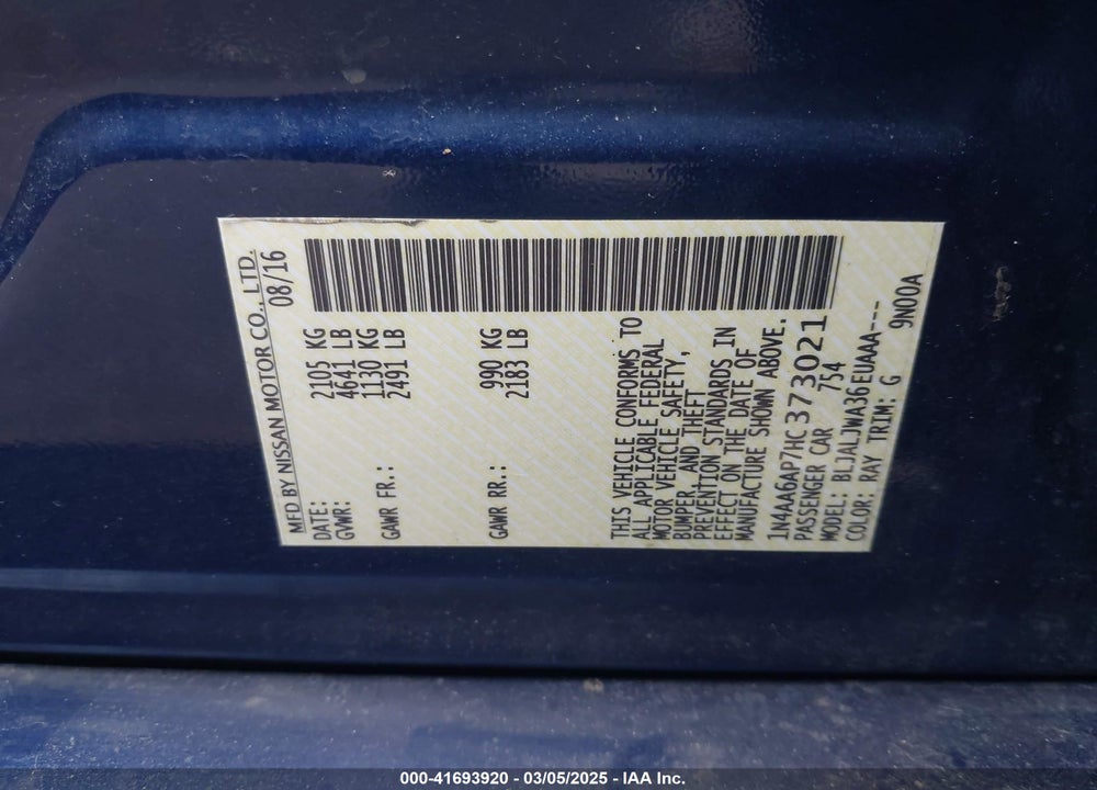 2017 NISSAN MAXIMA VIN: 1N4AA6AP7HC373021