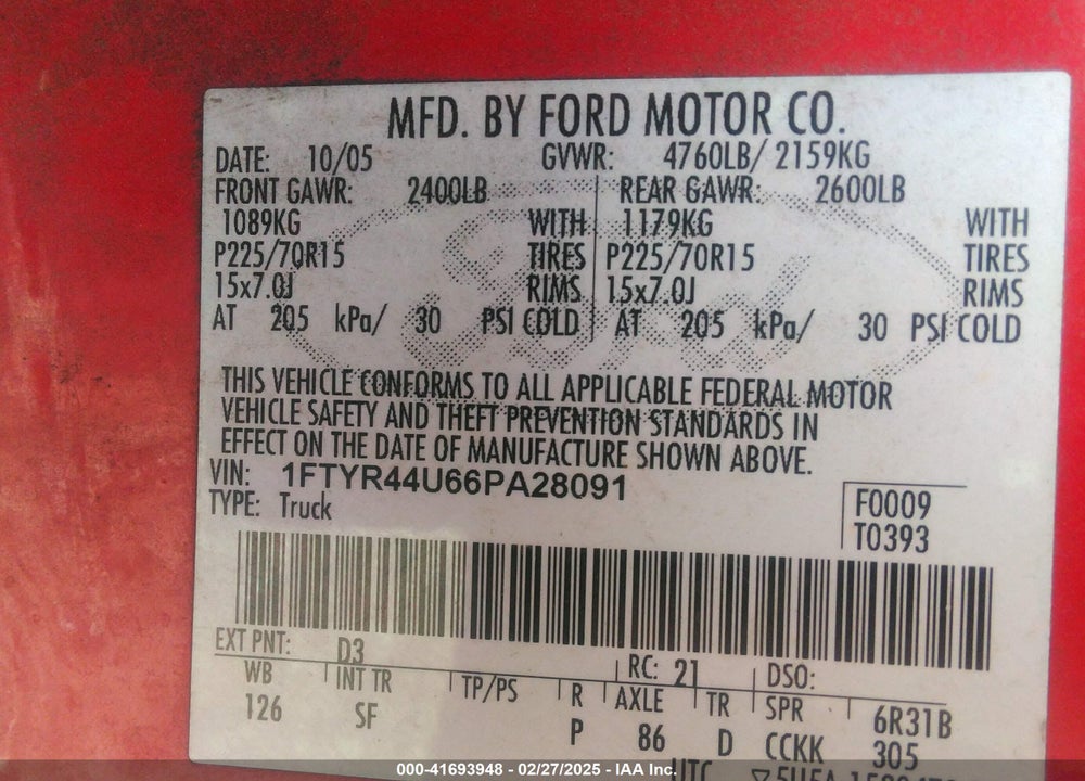 2006 FORD RANGER VIN: 1FTYR44U66PA28091