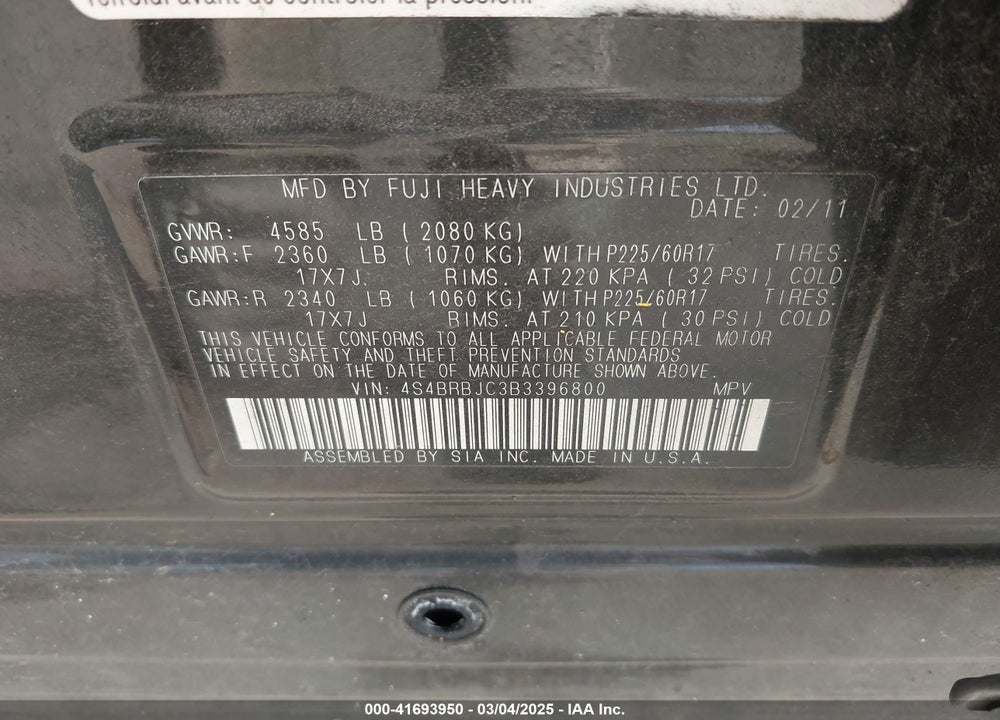 2011 SUBARU OUTBACK VIN: 4S4BRBJC3B3396800