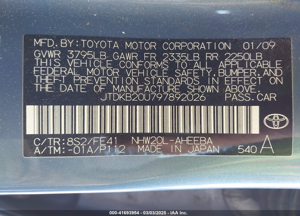 2009 TOYOTA PRIUS VIN: JTDKB20U797892026