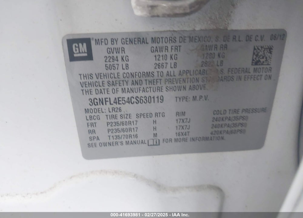 2012 CHEVROLET CAPTIVA SPORT VIN: 3GNFL4E54CS630119
