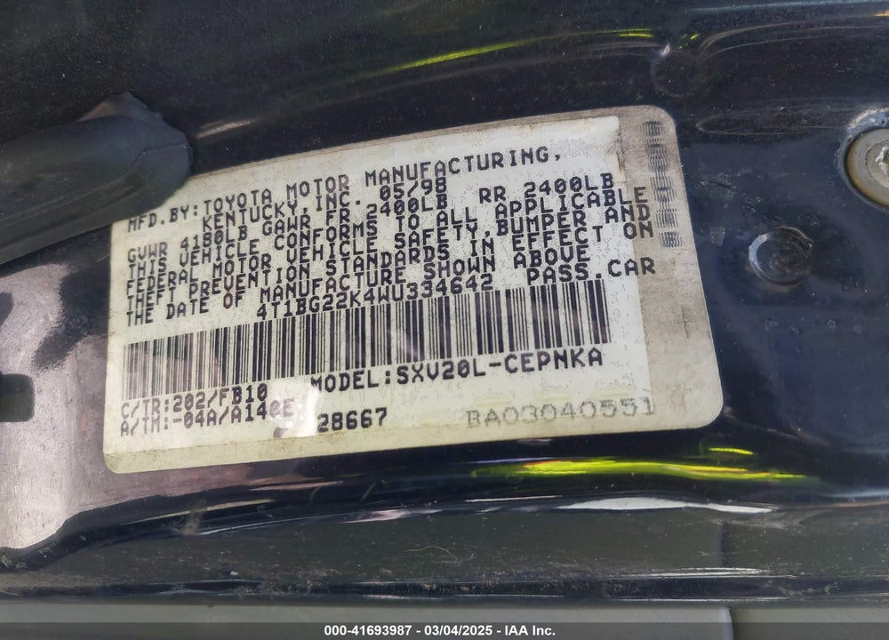 1998 TOYOTA CAMRY VIN: 4T1BG22K4WU334642