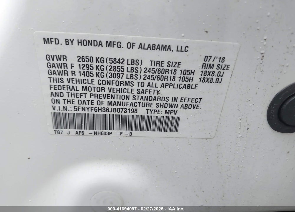2018 HONDA PILOT VIN: 5FNYF6H36JB073198