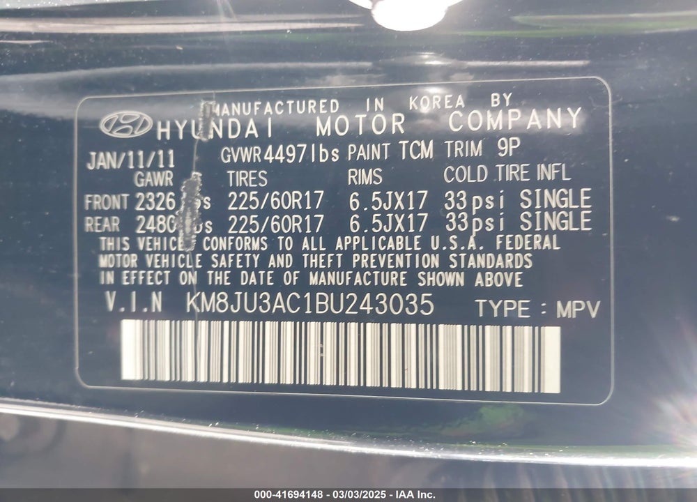 2011 HYUNDAI TUCSON GLS VIN: KM8JU3AC1BU243035