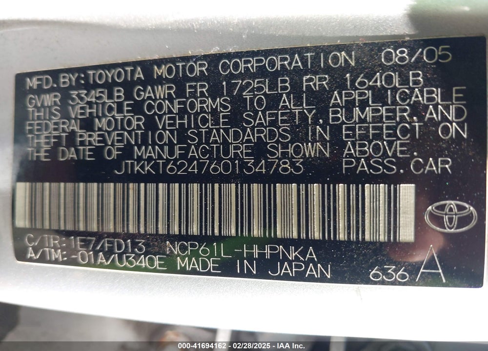 2006 SCION XA VIN: JTKKT624760134783
