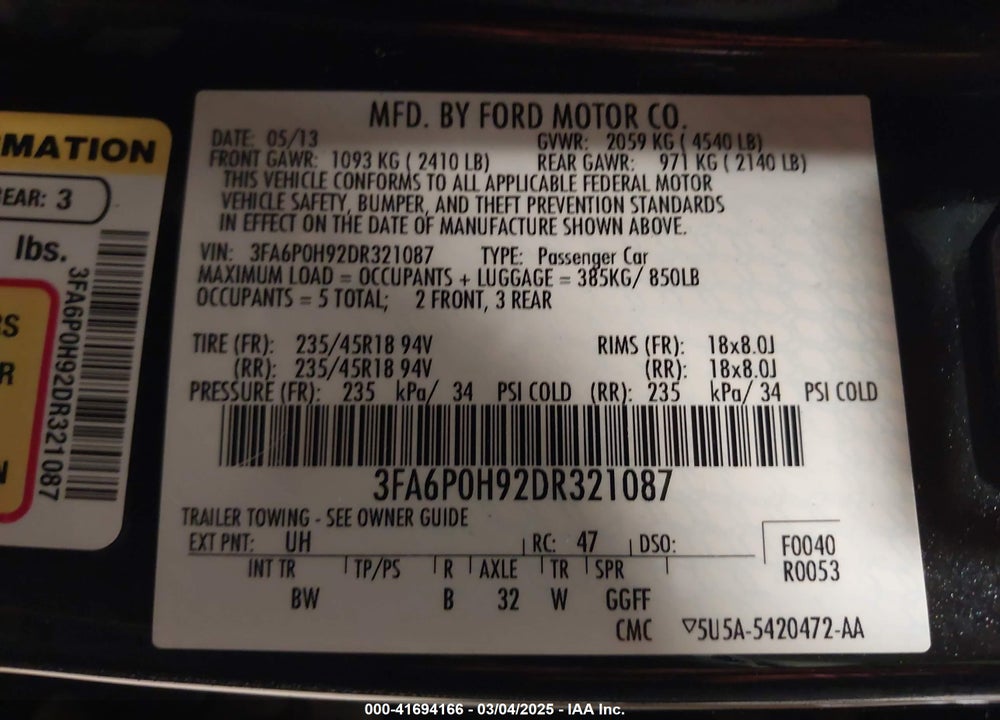 2013 FORD FUSION SE VIN: 3FA6P0H92DR321087