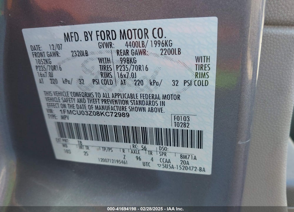 2008 FORD ESCAPE VIN: 1FMCU03Z08KC72989