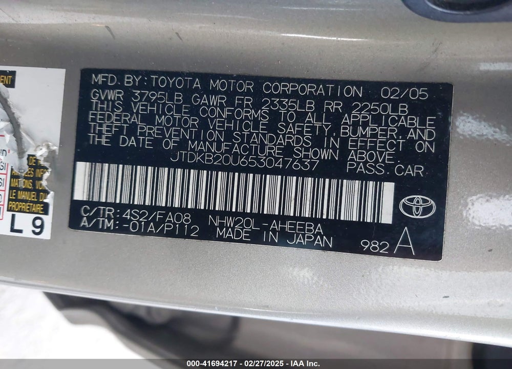 2005 TOYOTA PRIUS VIN: JTDKB20U653047637