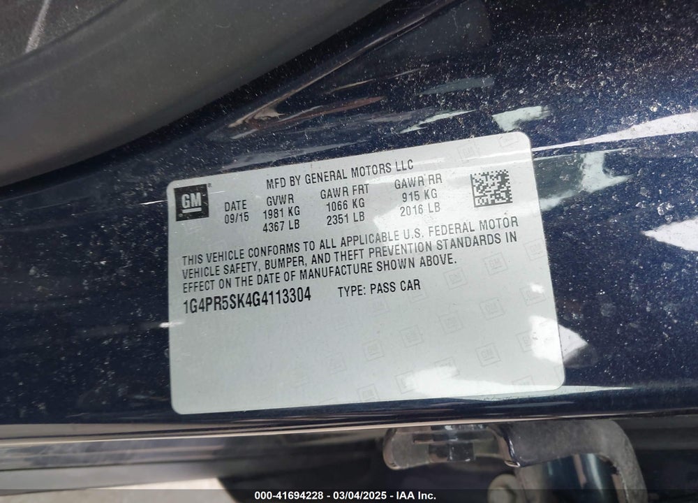 2016 BUICK VERANO VIN: 1G4PR5SK4G4113304