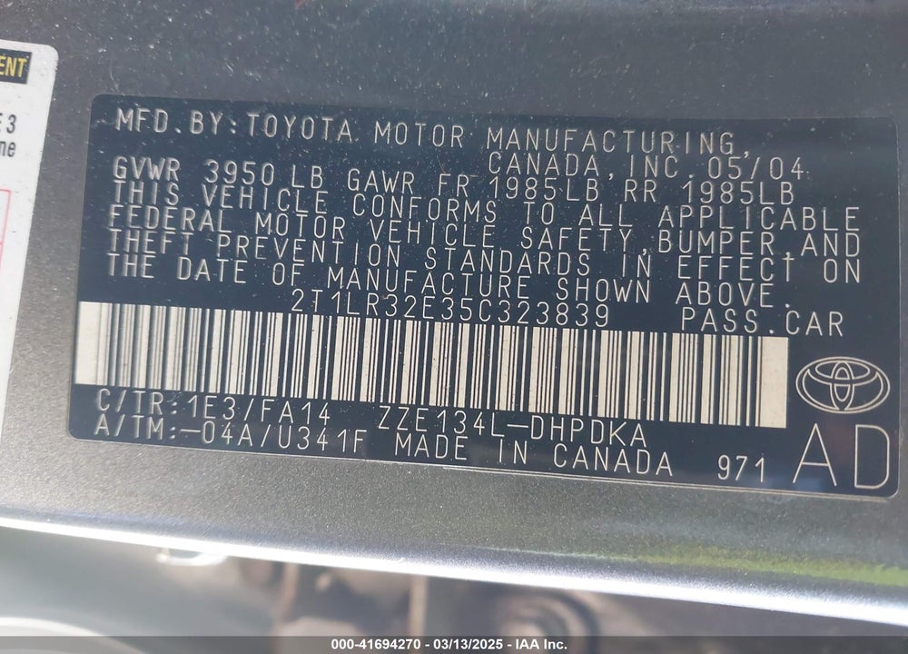 2005 TOYOTA MATRIX VIN: 2T1LR32E35C323839