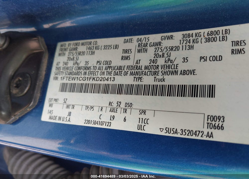 2015 FORD F-150 VIN: 1FTEW1CG1FKD20413