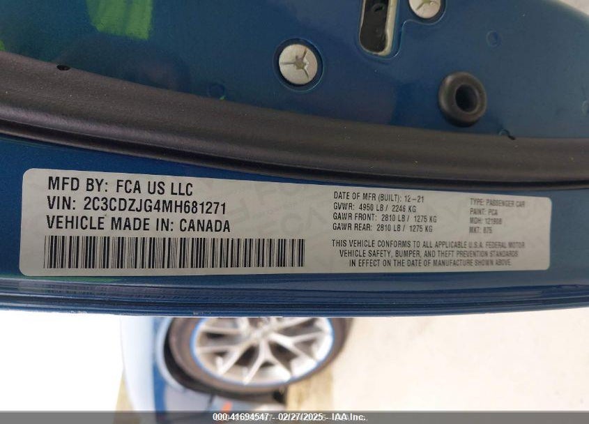2021 DODGE CHALLENGER GT VIN: 2C3CDZJG4MH681271