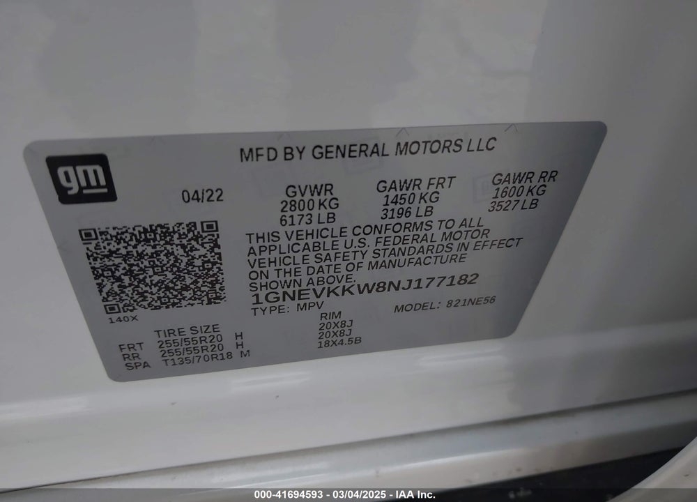 2022 CHEVROLET TRAVERSE AWD PREMIER VIN: 1GNEVKKW8NJ177182
