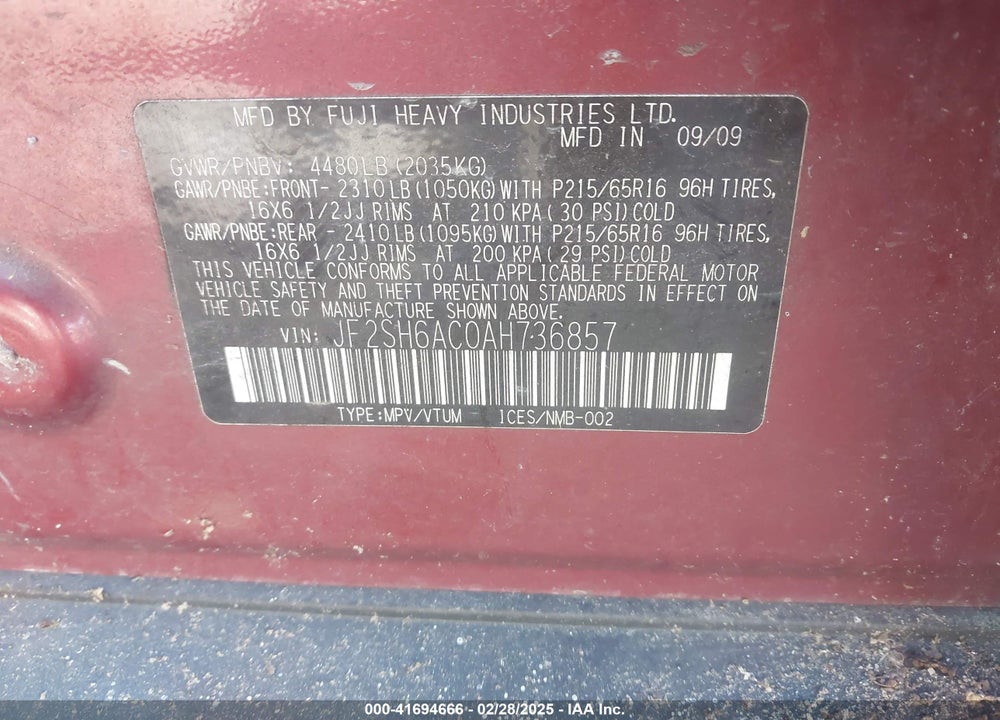 2010 SUBARU FORESTER VIN: JF2SH6AC0AH736857