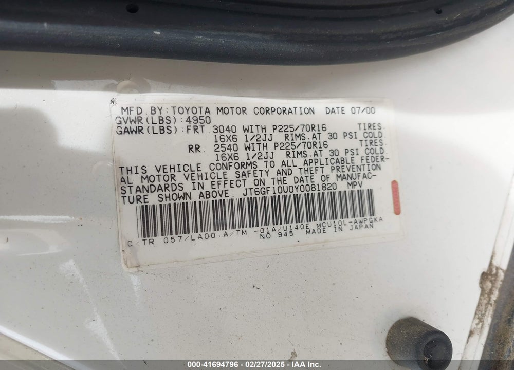 2000 LEXUS RX 300 VIN: JT6GF10U0Y0081820