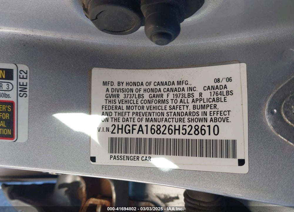 2006 HONDA CIVIC EX VIN: 2HGFA16826H528610