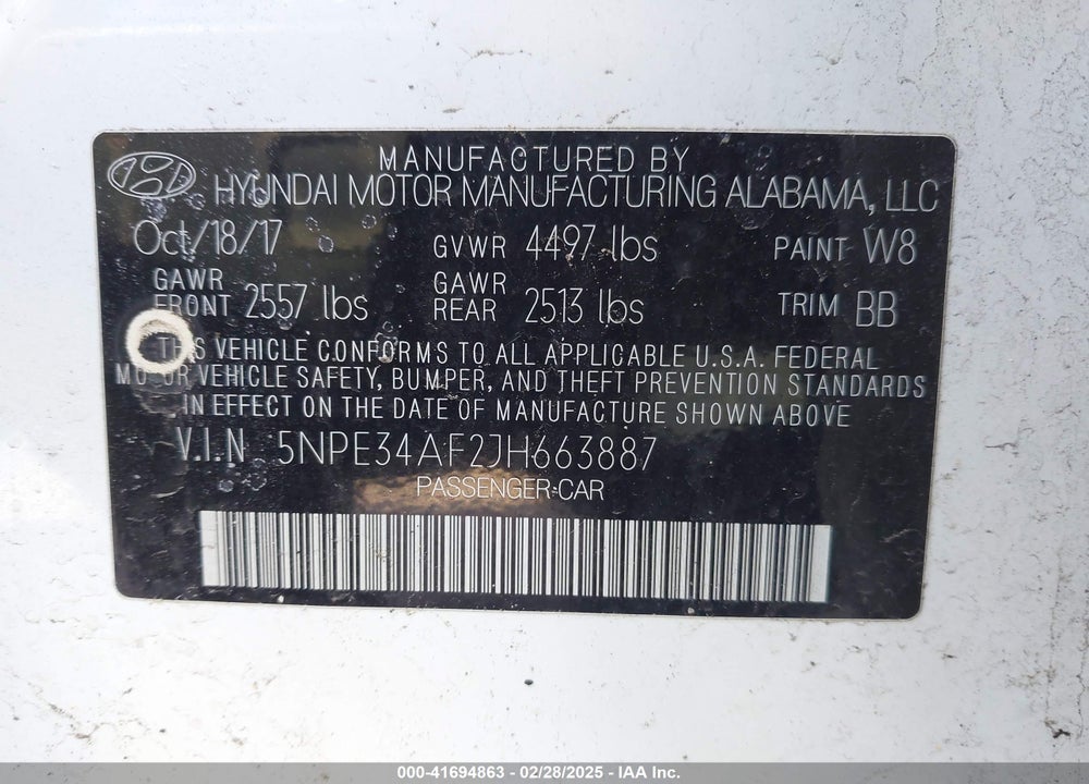 2018 HYUNDAI SONATA SEL VIN: 5NPE34AF2JH663887