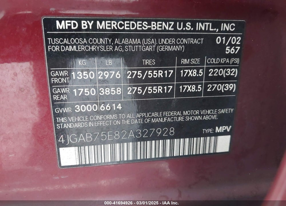 2002 MERCEDES-BENZ ML 500 VIN: 4JGAB75E82A327928