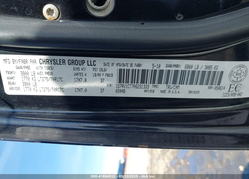 2010 DODGE RAM 1500 VIN: 1D7RV1CT7AS231333