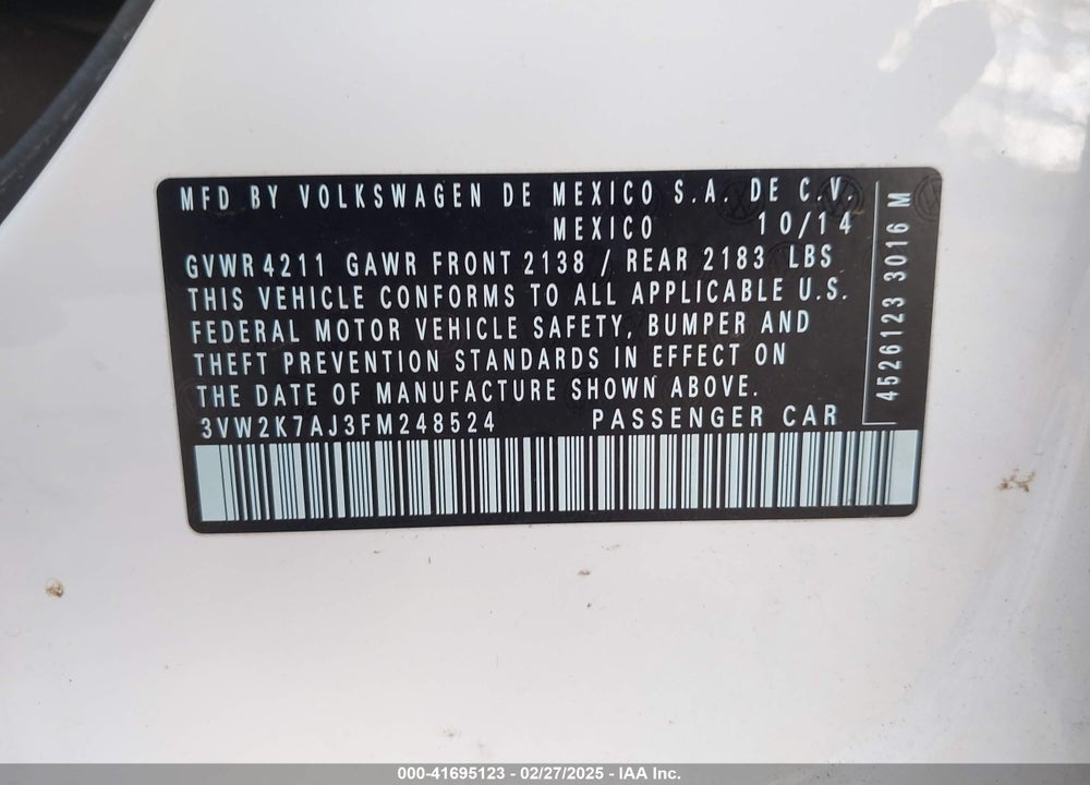 2015 VOLKSWAGEN JETTA VIN: 3VW2K7AJ3FM248524