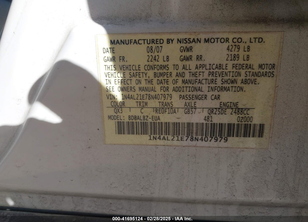 2008 NISSAN ALTIMA 2.5 S VIN: 1N4AL21E78N407979
