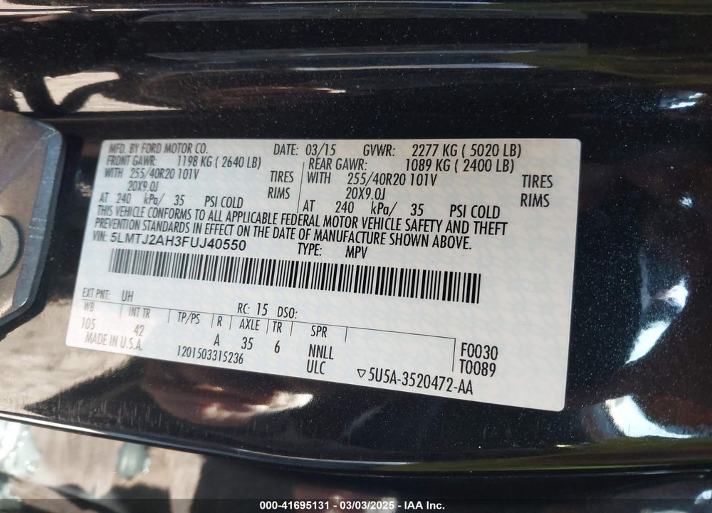 2015 LINCOLN MKC VIN: 5LMTJ2AH3FUJ40550